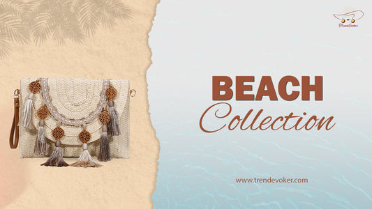 Woman cleaning a straw beach bag with accessories including velvet clutch, wicker fringe bag, and handmade purse from Pakistan.