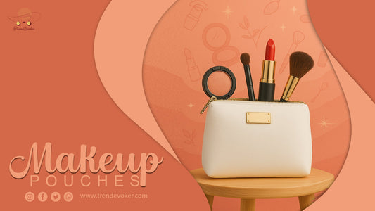 Flat lay of women’s leather makeup pouch with travel-size cosmetics and beauty products, ideal for ladies in Pakistan.