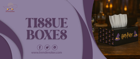Modern tissue box designs for homes and cars in Pakistan 2025 — including acrylic and Harry Potter-themed tissue boxes from TrendEvoker.