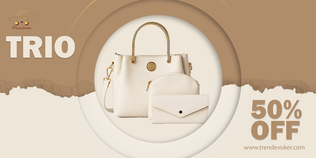 Woman with stylish leather shoulder, crossbody, and clutch bags for travel and office use in Pakistan – TrendEvoker premium leather trio bag collection.
