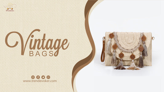 A collection of vintage handbags, including acrylic clutches, wicker fringe bags, and embroidered pouches – perfect ladies handbags in Pakistan 2025.
