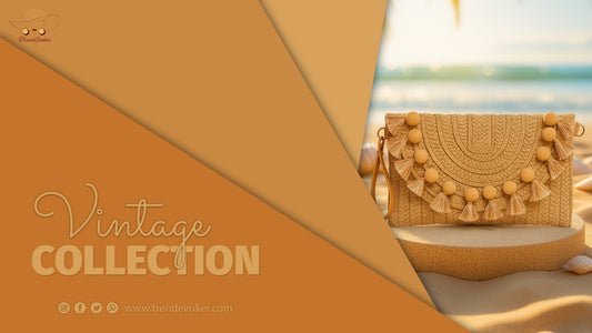 Elegant vintage clutch and boho wicker fringe bag for Pakistani women by TrendEvoker.