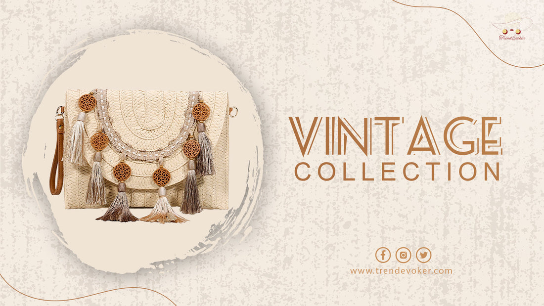 Handmade vintage clutch and bohemian fringe bag for women in Pakistan displayed on a rustic wooden table – perfect for beach trips and weddings.