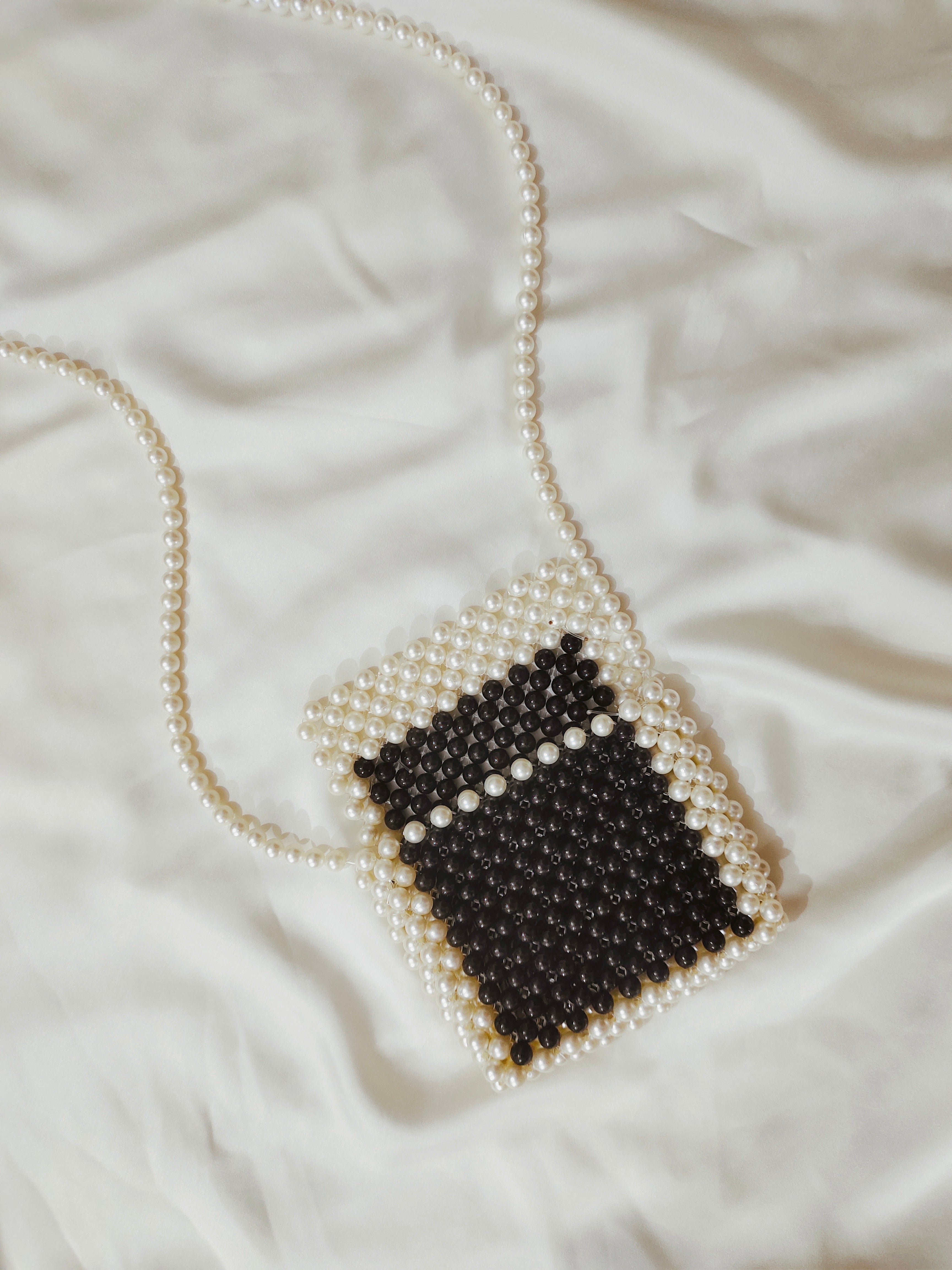 White & Black Beaded Cross Body Bag - Handcrafted Mini Bag for Women