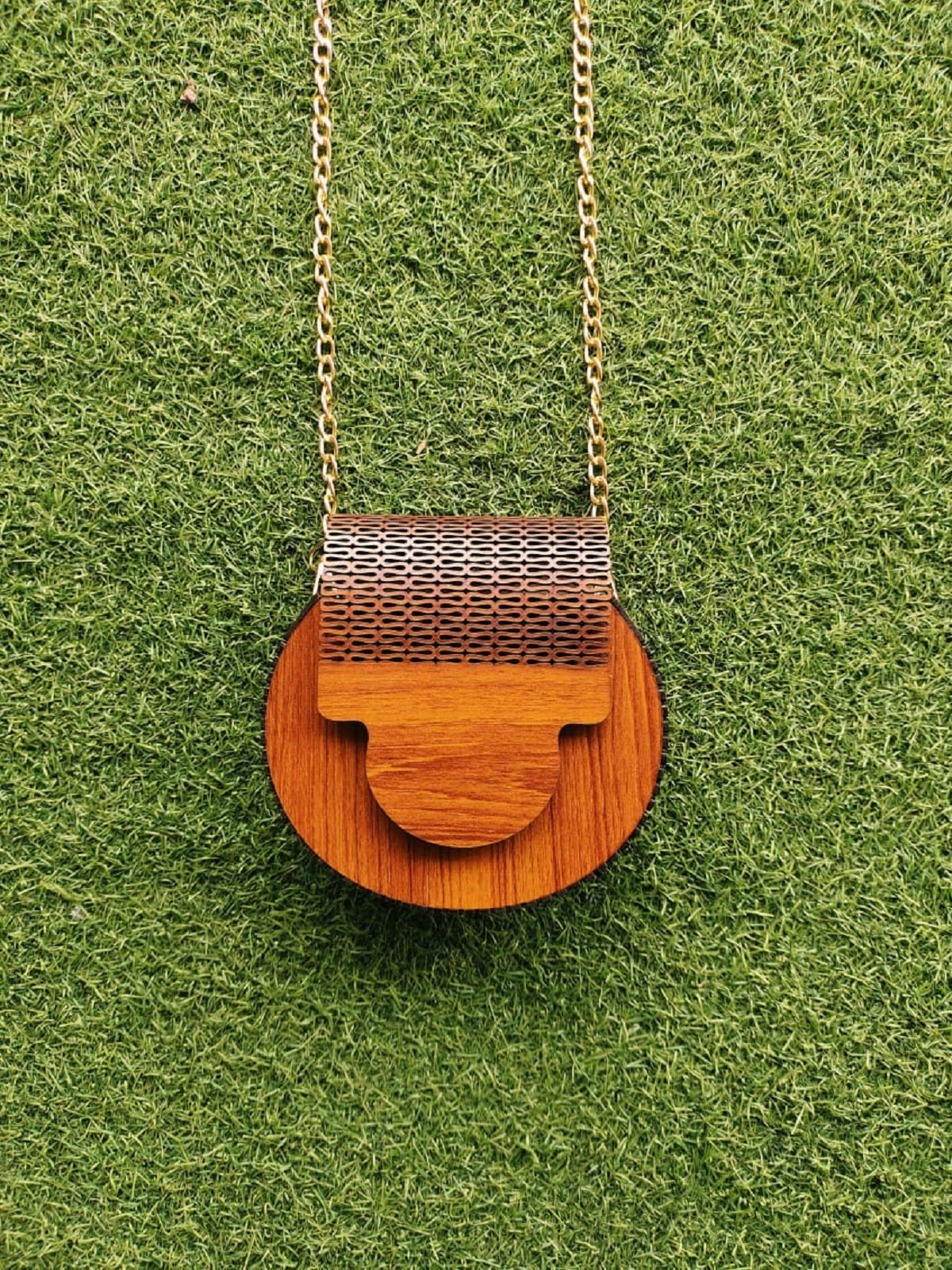 Reddish Curved Wooden Crossbody Bag - handcrafted and elegant design