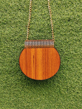 Backside of Customized Reddish Curved Wooden Crossbody Bag from Pakistan