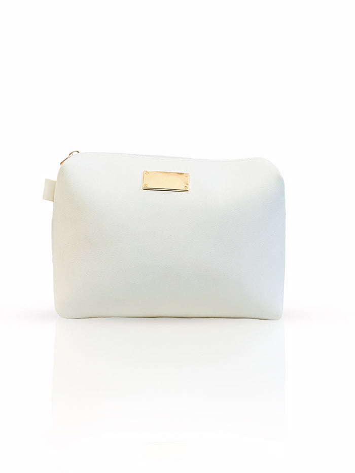 Plain White Leather Makeup Pouch, a stylish and durable travel pouch for women