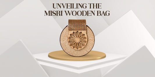 Handmade Misri Wooden Bag showcasing hand made design, wooden purse details, and a long golden chain strap