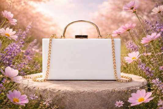 Stylish acrylic clutch bag with traditional Eid outfit – transparent acrylic bags for women in Pakistan.