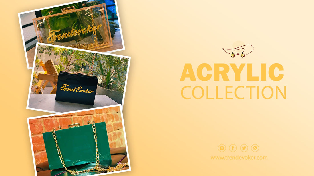 Clear acrylic clutch bag with gold chain – premium transparent handbag in Pakistan.