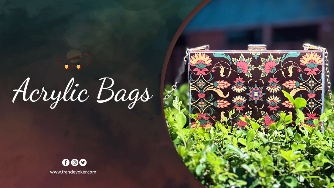 A stylish transparent acrylic bag with gold accents, paired with elegant accessories like pearl earrings and a designer compact mirror, perfect for evening events in Pakistan.