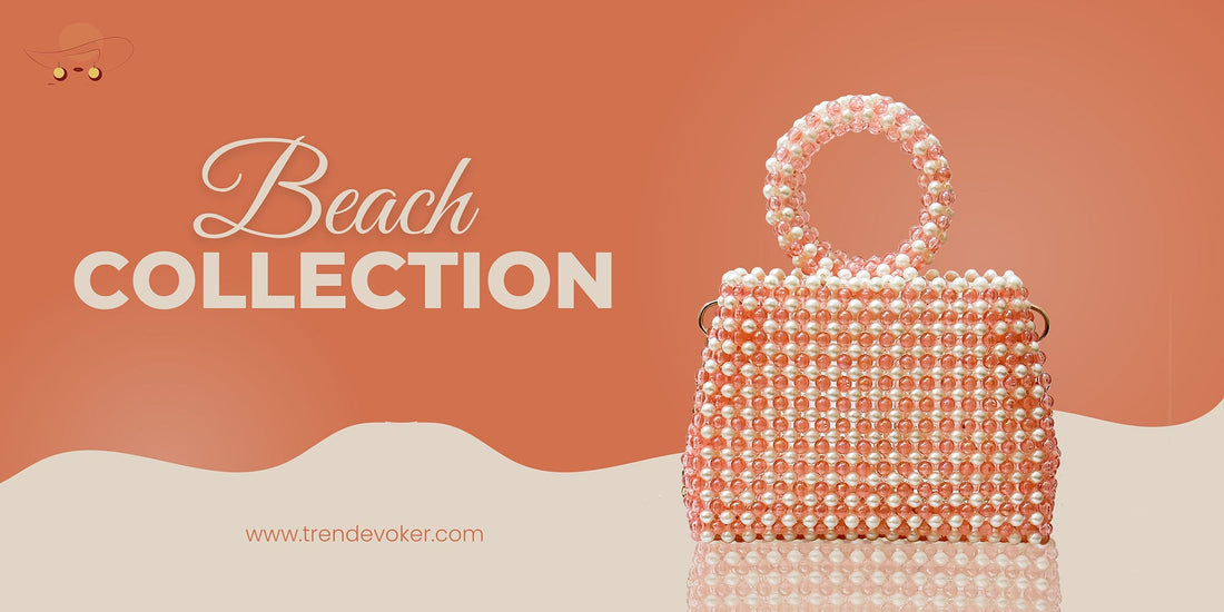 Boho beach bag with summer essentials – sunglasses, towel, clutch purse, and velvet pouch for women in Pakistan.