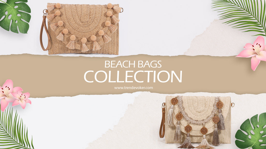 Stylish woman holding a wicker fringe beach bag and handmade clutch on a sunny beach in Pakistan – TrendEvoker Summer Collection.