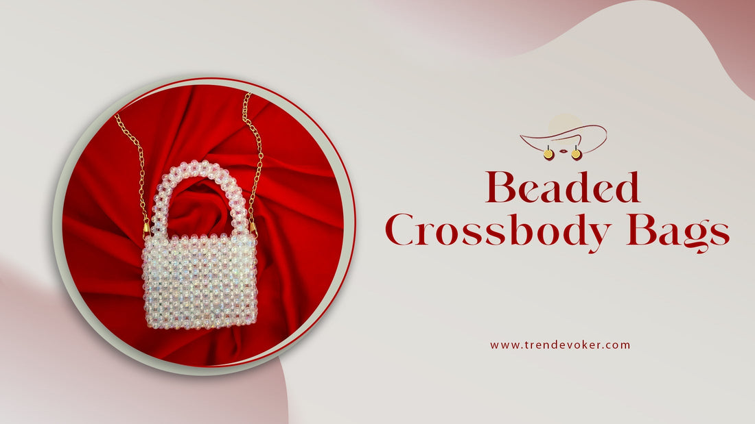 Stylish woman wearing a pearl beaded crossbody bag while shopping in Pakistan.