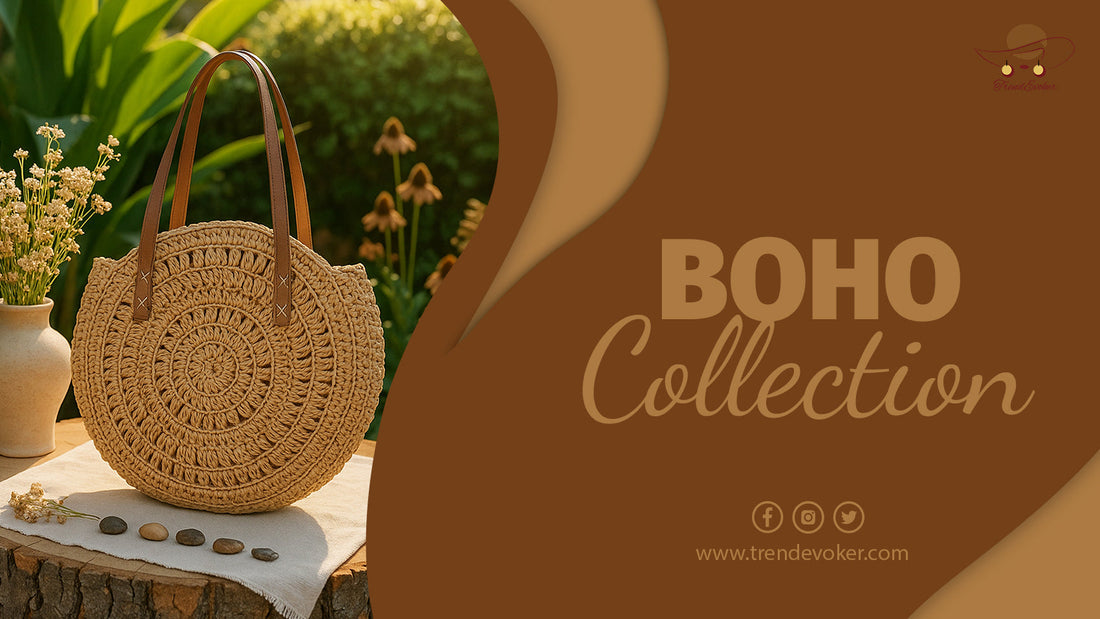 A woman styling an original boho tote bag in Pakistan with bohemian accessories and casual wear.