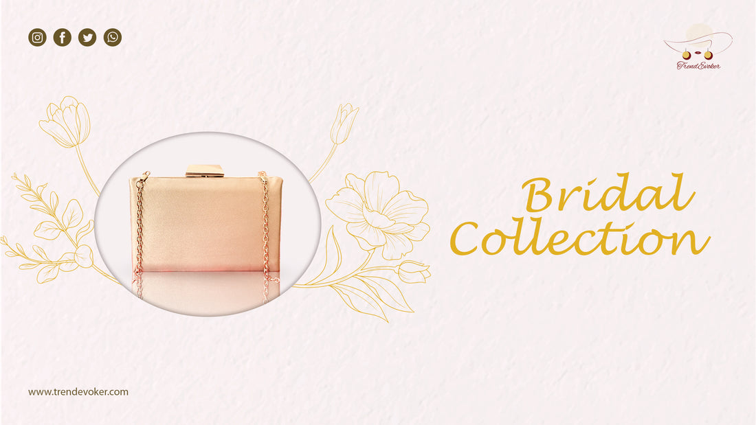 Elegant golden bridal clutch bag adorned with pearls, perfect for weddings in Pakistan.