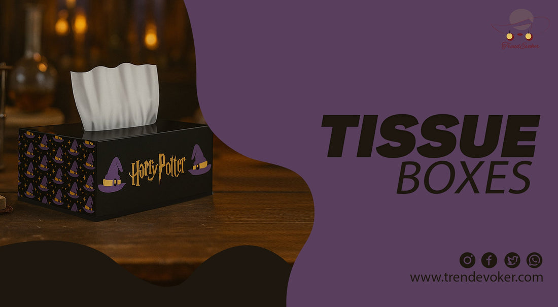 Stylish tissue boxes in Pakistan including acrylic, car, and Harry Potter-themed designs for winter cold and flu season.