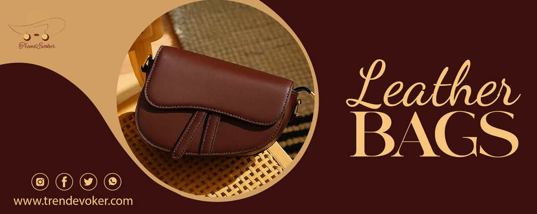 Stylish women’s leather handbags, tote bags, and crossbody bags on display – TrendEvoker leather bags in Pakistan.