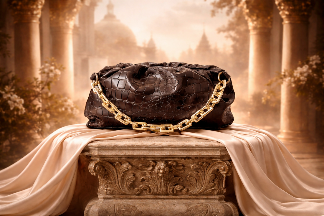 Stylish leather bags for women in Pakistan including leather handbags, tote bags, and crossbody bags paired with an elegant Eid outfit.