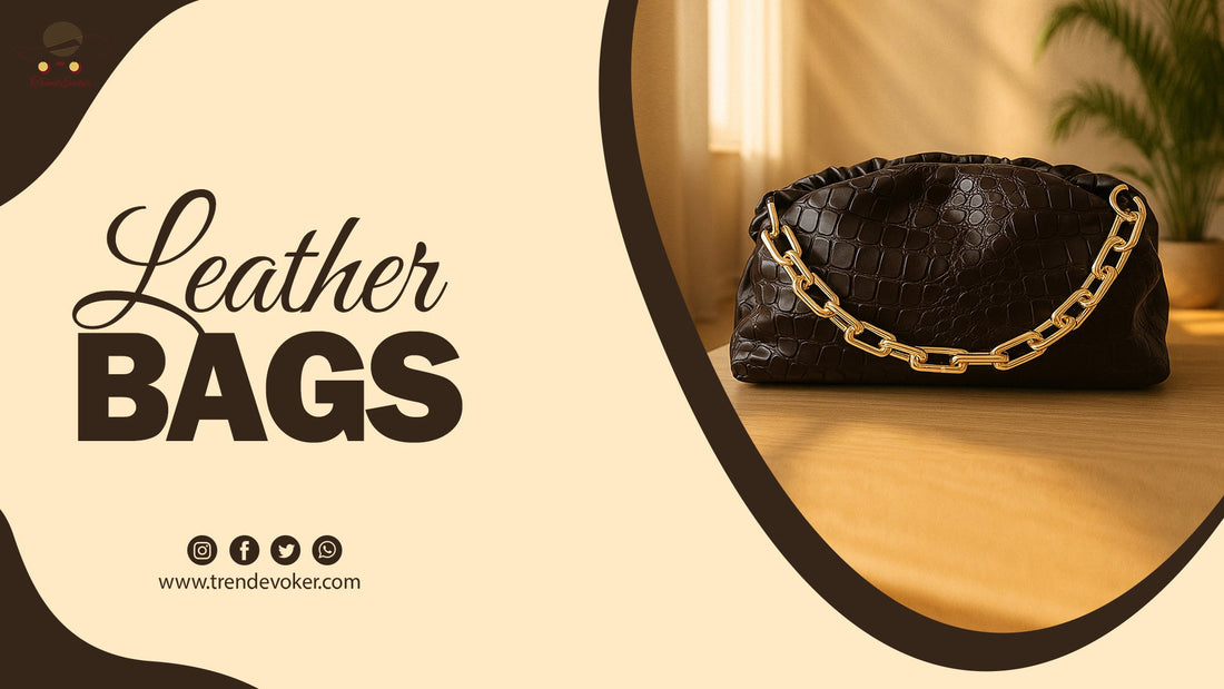 Woman holding ethically made leather tote bag in Pakistan, handmade and sustainably sourced.