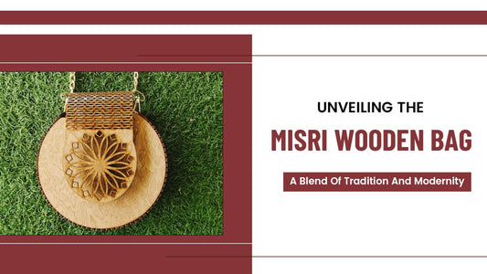 Handmade Misri Wooden Bag showcasing hand made design, wooden purse details, and a long golden chain strap