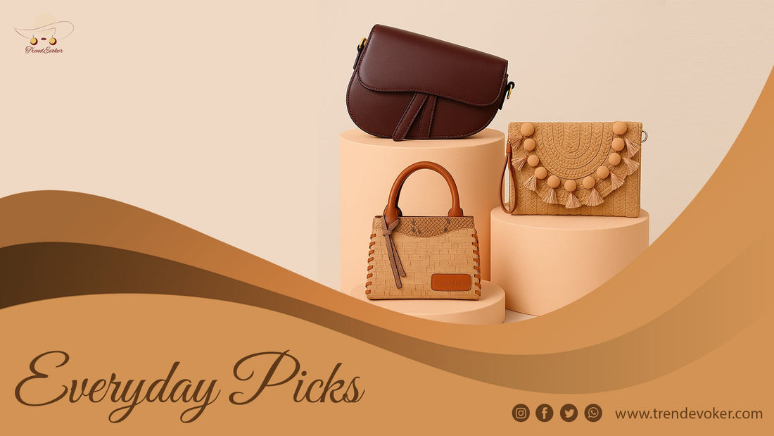 A stylish woman holding a leather tote bag and a party clutch, featuring the latest trendy handbags in Pakistan for vacations in 2025 – TrendEvoker Collection.