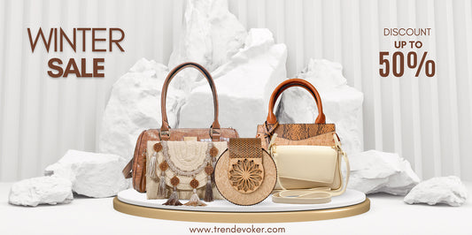 Elegant collection of tote bags, clutches, and crossbody handbags in Pakistan featuring leather, velvet, and acrylic designs from TrendEvoker.