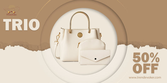 Woman with stylish leather shoulder, crossbody, and clutch bags for travel and office use in Pakistan – TrendEvoker premium leather trio bag collection.