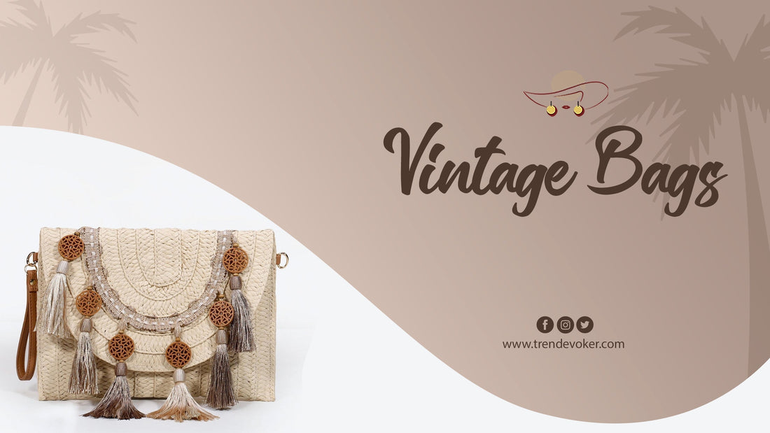 A stylish collection of vintage bags, including boho tote bags, bohemian shoulder bags, wicker fringe bags, and elegant clutch purses, available online in Pakistan.