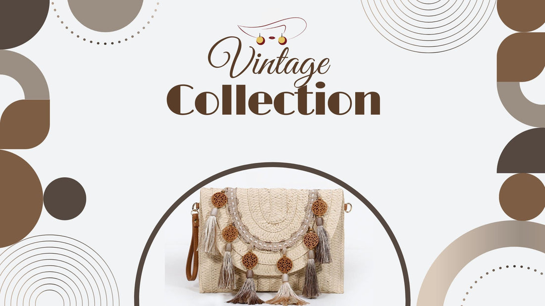 Handmade vintage clutch purse and wicker fringe boho bag for women in Pakistan.