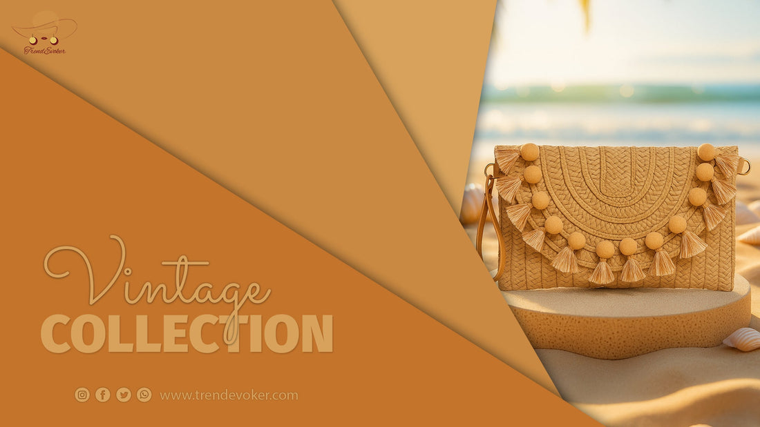 Elegant vintage clutch and boho wicker fringe bag for Pakistani women by TrendEvoker.
