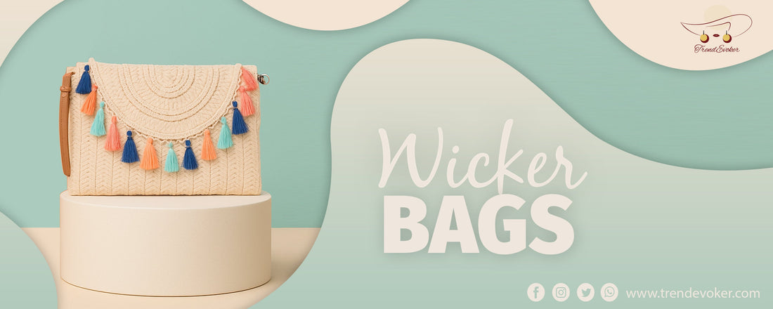 A collection of stylish vintage clutches, boho tote bags, and handmade wicker fringe bags for women in Pakistan displayed elegantly on a neutral background.