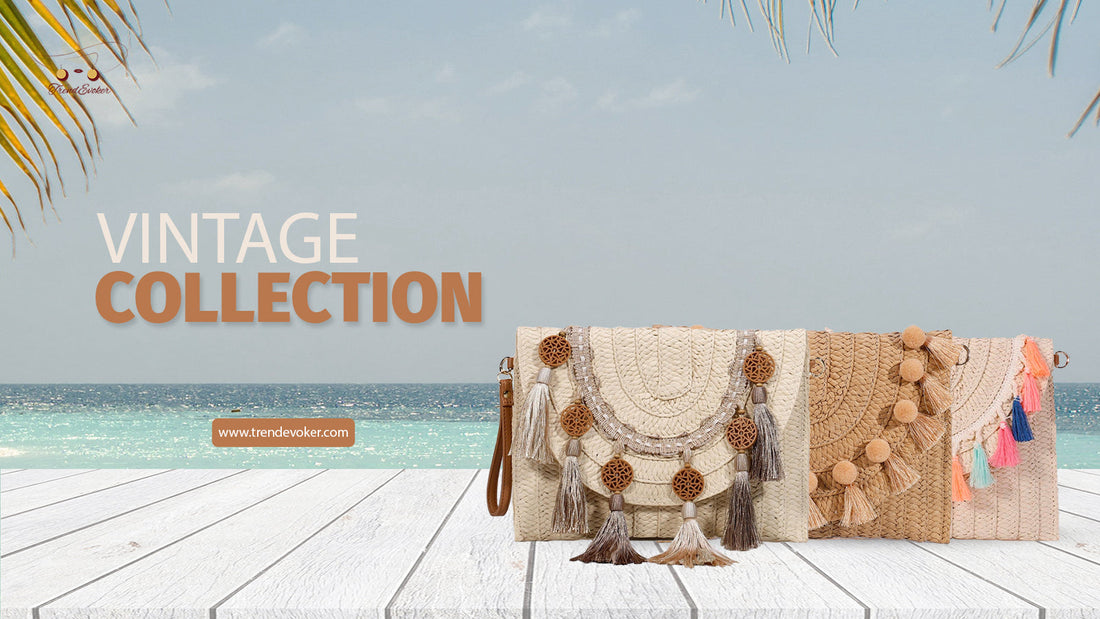 Elegant vintage clutch bag with bohemian design and handmade fringe, available online in Pakistan – TrendEvoker.