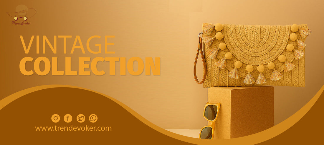 Stylish vintage clutch bags, boho totes, and wicker fringe bags for women in Pakistan available online at TrendEvoker.