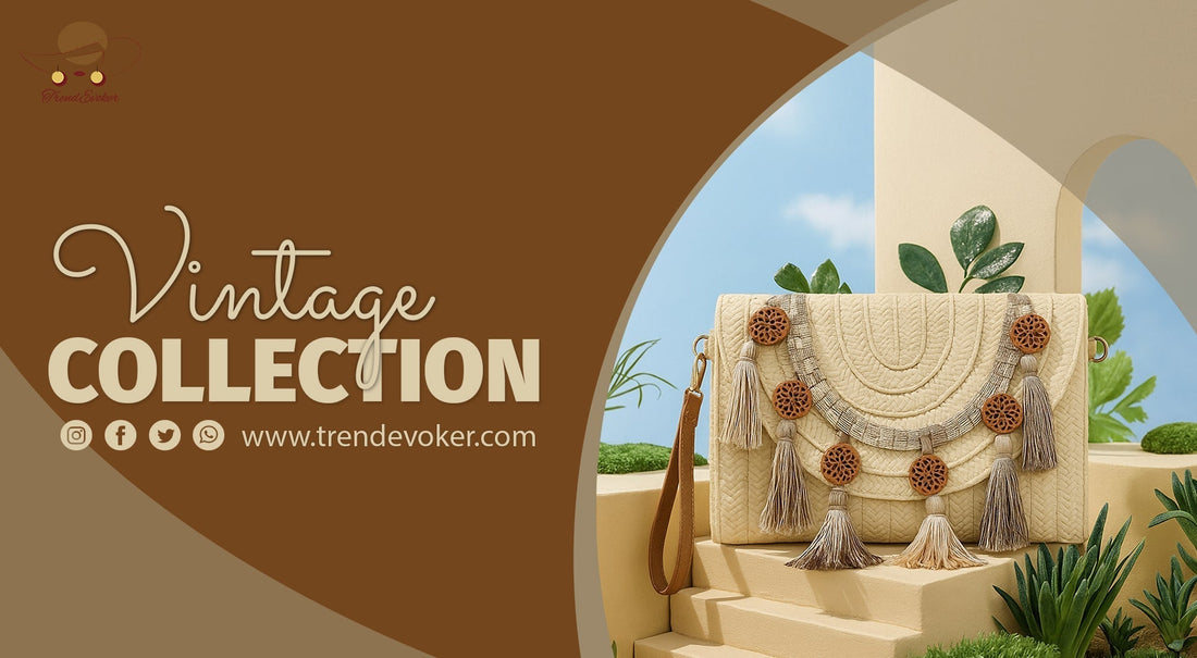 Elegant vintage clutch bag with boho design and handmade details – TrendEvoker collection in Pakistan.
