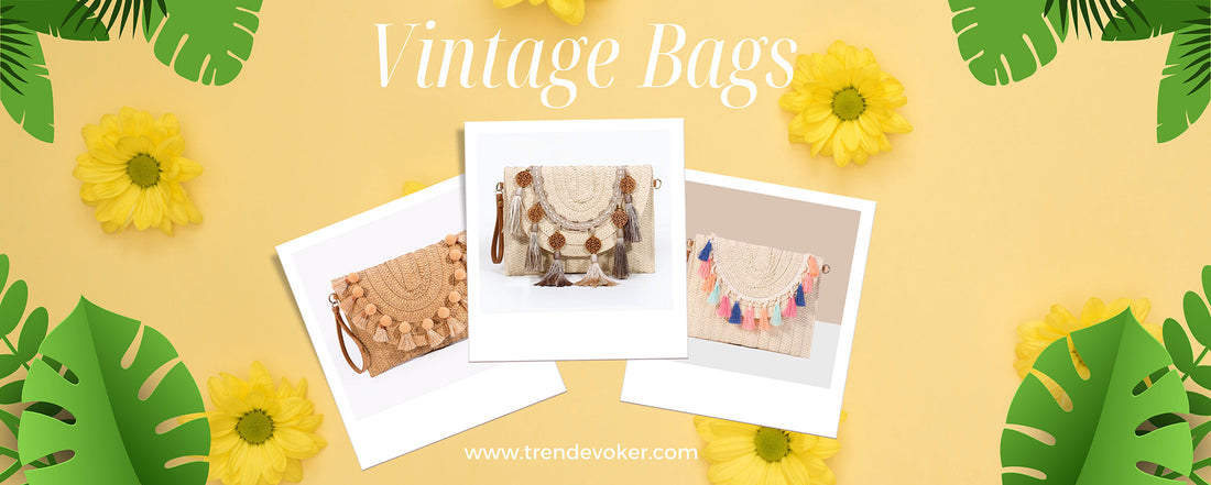 Handmade vintage clutch and wicker fringe bag for Eid outfit in Pakistan.