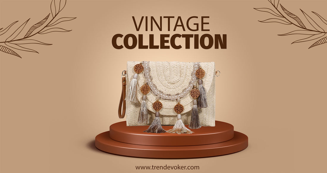 Vintage clutch bag and boho wicker fringe bag handmade in Pakistan by TrendEvoker.