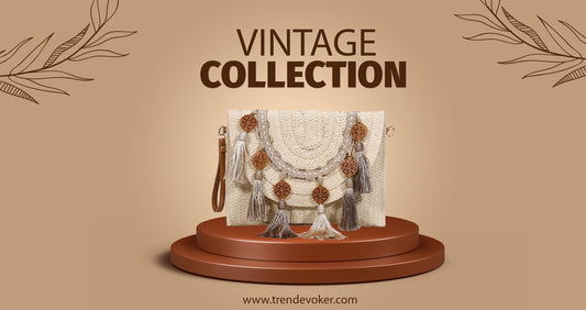 Handmade vintage clutch bag with boho design, available online in Pakistan from TrendEvoker.