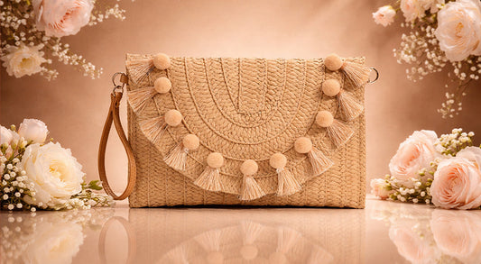 Handmade wicker fringe bag for beach holidays – TrendEvoker clutch collection in Pakistan.