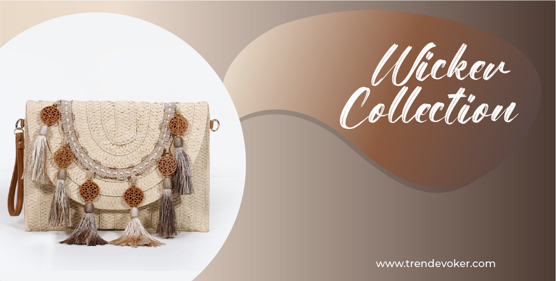 A stylish woman holding a handmade wicker fringe bag - TrendEvoker’s boho clutch collection in Pakistan.