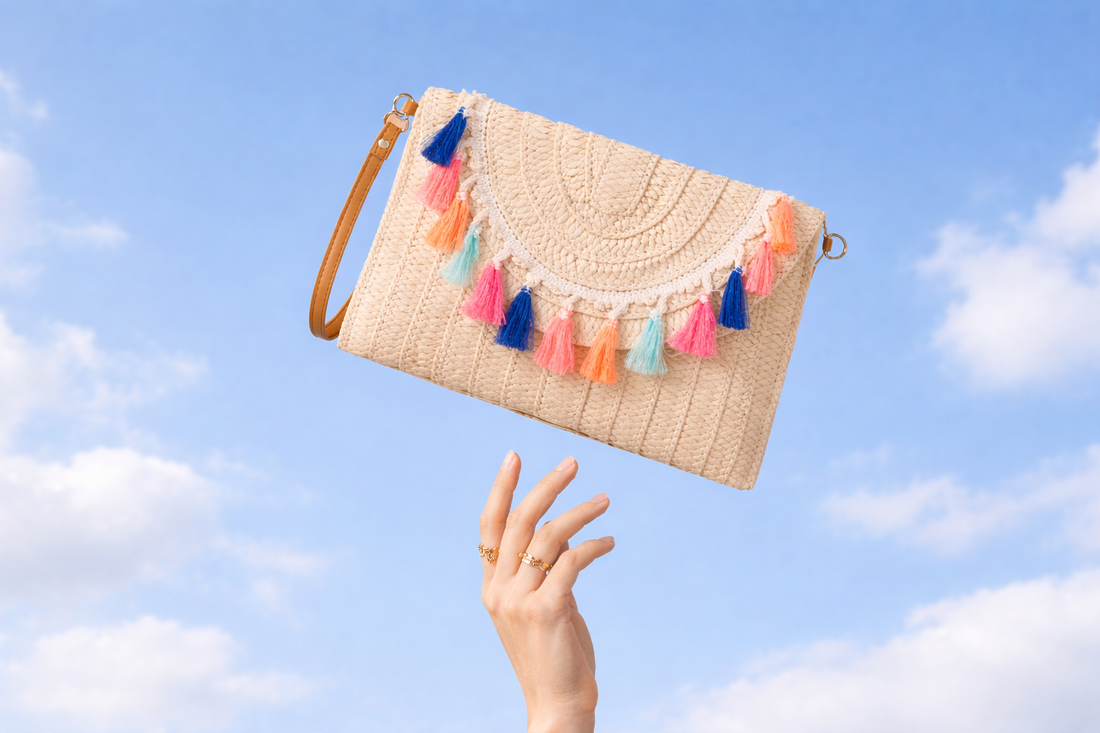 Boho bags, vintage clutches, wicker fringe bags and wooden handbags for women in Pakistan by TrendEvoker.