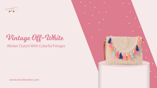 Vintage off-white wicker fringe clutch with colorful fringes – handmade bag for women, perfect for beach trips and special occasions