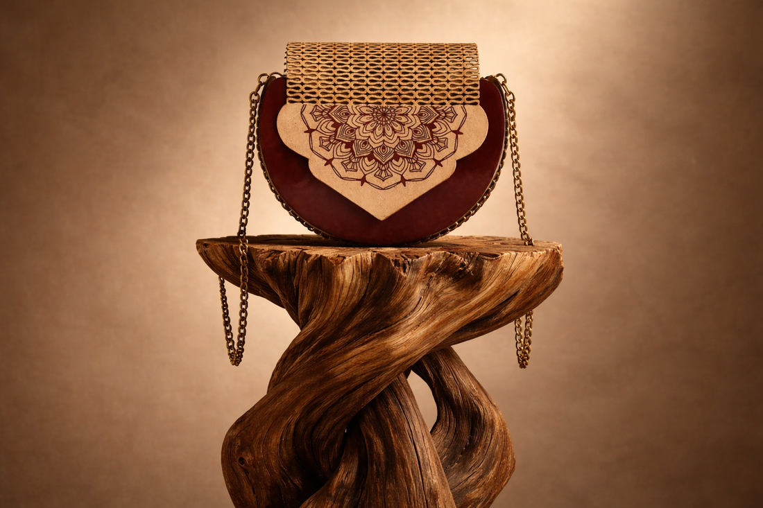 Handmade wooden bag for women in Pakistan with eco-friendly design and natural wood finish.