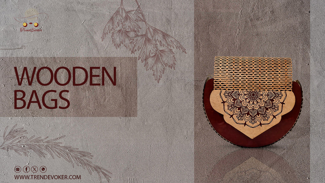 Woman holding a handmade wooden purse in Pakistan, eco-friendly fashion accessory by TrendEvoker.