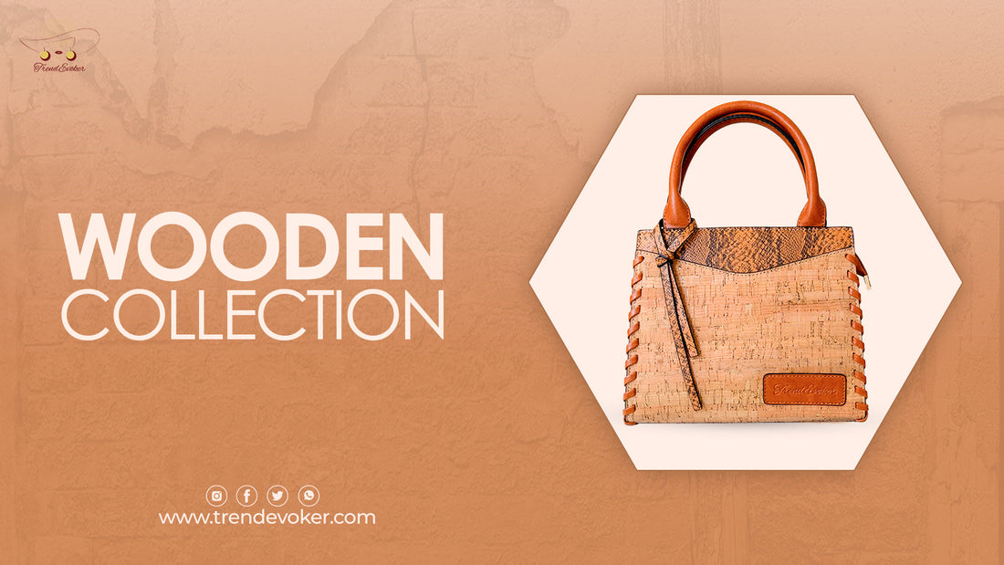 Handmade wooden handbag for women in Pakistan with eco-friendly design, displayed on a wooden table.