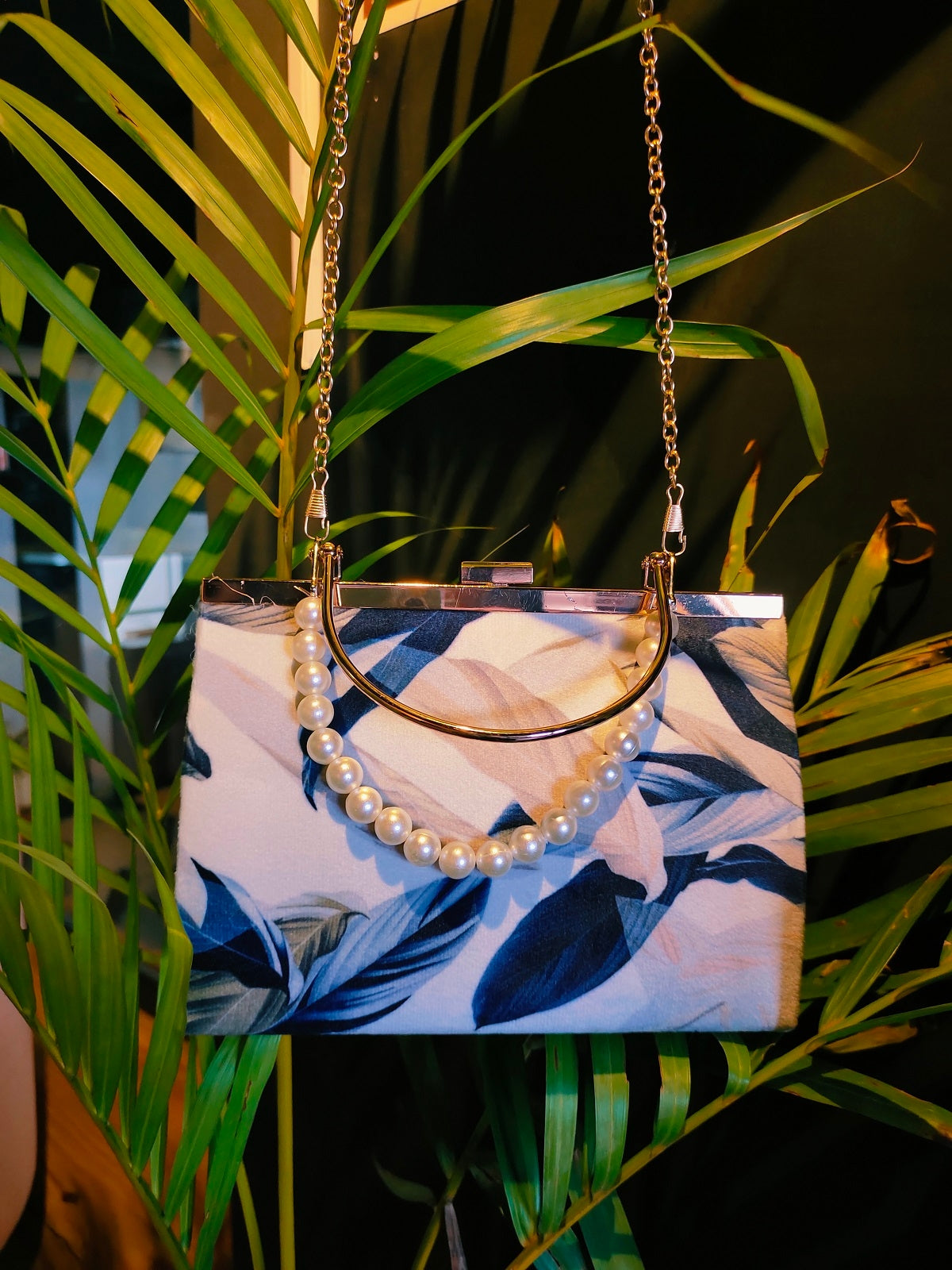 Velvet Blue and white Shoulder bag in rich fabric, perfect for stylish outings