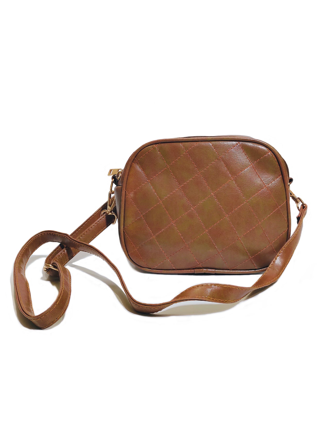 brown checked makeup pouch with long leather belt