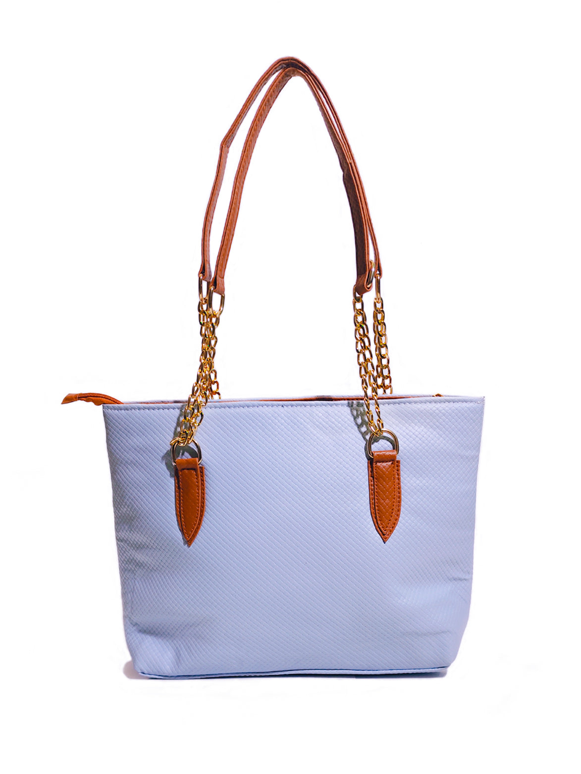 duck sky blue tote bag with leather and chain straps