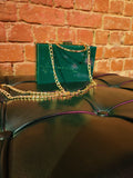 "Green handmade acrylic tote bag, showcasing versatile features for shoulder and crossbody use, designed for stylish women in Pakistan