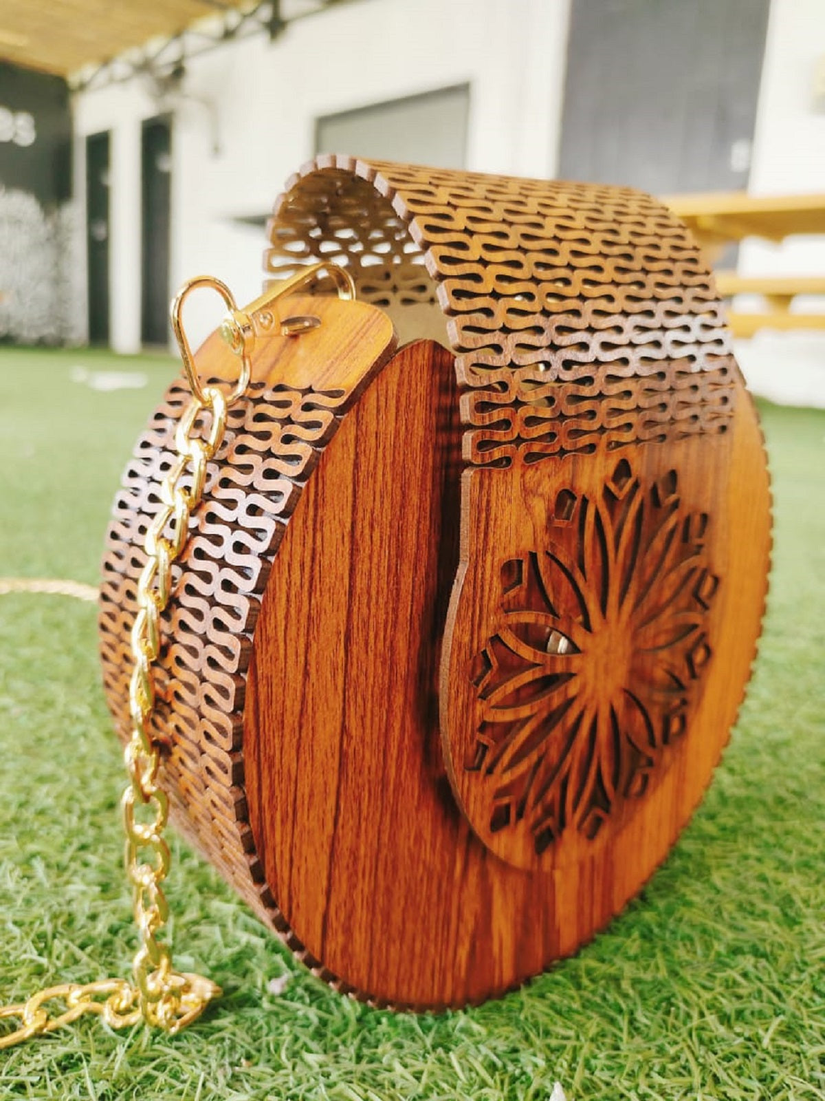 Stenciled Reddish Wooden Cross Body Bag showcasing traditional Pakistani craftsmanship